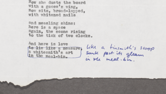 Typewritten poem draft with blue pen annotations.