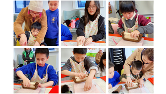 photos of children taking part in a wood block printing workshop