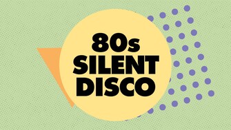 Graphic design with bold black text reading “80s Silent Disco” inside a large yellow circle. The background is light green with small dotted texture, featuring an orange triangle shape behind the circle on the left and a pattern of purple dots on the right, giving it a retro 1980s aesthetic.