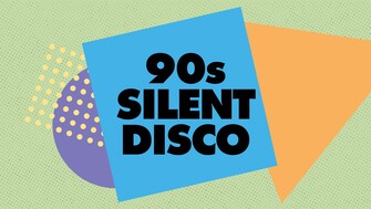 Retro-style graphic with bold black text reading “90s Silent Disco” centered on a tilted blue square. The background is light green with a subtle dotted texture, featuring a large orange triangle on the right and a purple semicircle with yellow dots on the left, creating a colorful 1990s-inspired design.