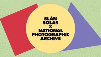 Graphic banner with a pale green dotted background featuring overlapping geometric shapes—a red tilted rectangle, a purple angled shape, and a large gold circle in the center. Inside the circle, bold black text reads: “SLÁN SOLAS X NATIONAL PHOTOGRAPHIC ARCHIVE.”