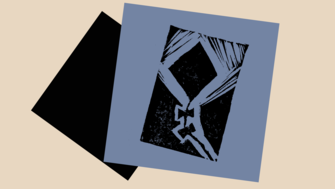 Abstract black-and-blue print featuring a stylized kite shape on a tilted square on a beige background.