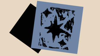 Abstract image of overlapping tilted squares with scattered black star-like shapes and splattered textures on a beige background.