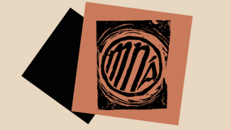 An abstract, layered graphic featuring a bold circular emblem encircling the word “mná” over dark textured imagery and tilted geometric shapes.