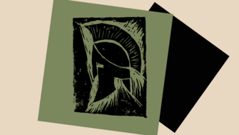 Abstract black-and-olive print resembling a stylized Greek helmet, with curved crest-like lines and sharp feathered details inside a tilted rectangular frame on a beige background.