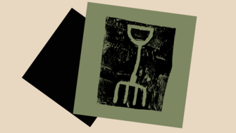 An abstract, layered graphic featuring a garden fork over dark textured imagery and tilted geometric shapes.