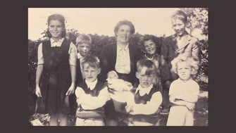 A black and white image of Margaret Heaney and her children, including Seamus