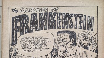 A black and white page from comic the Monster of Frankenstein, featuring Frankenstein's monster with speaking to fellow monsters.