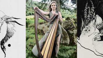 An image of musician Brona McVittie with two abstract faerie images either side. 