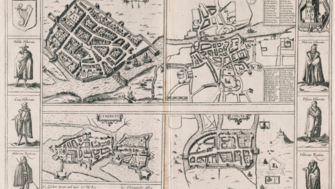 An engraving showing town plans of Dublin, Cork, Limerick and Galway in Ireland.