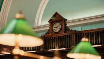 View of Reading Room lamps and clock.