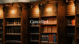 view of book shelf with the word cancelled over it