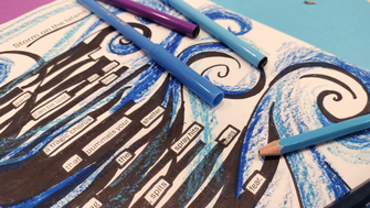 A photo of a blackout poem with blue swirls