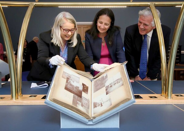 Dr Audrey Whitty, Minister Catherine Martin and Eoin McVey in the NLI's Manuscripts Room