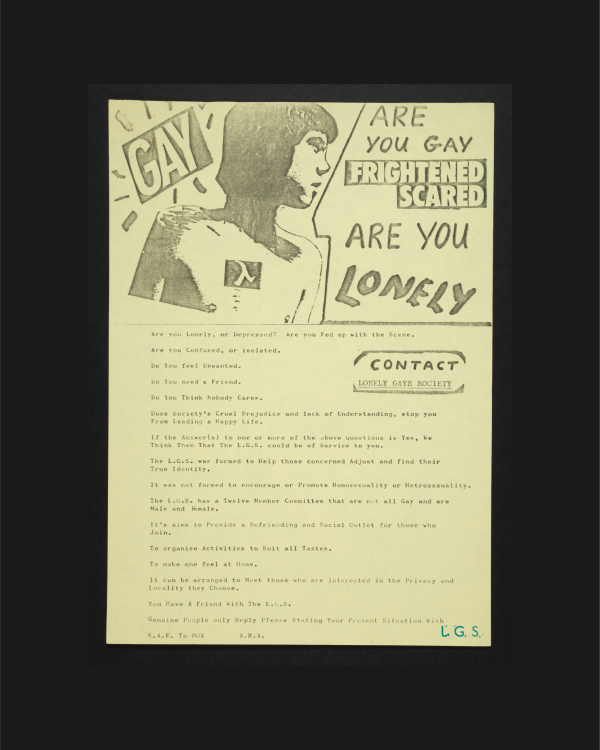 Promotional flyer for the Lonely Gays Society