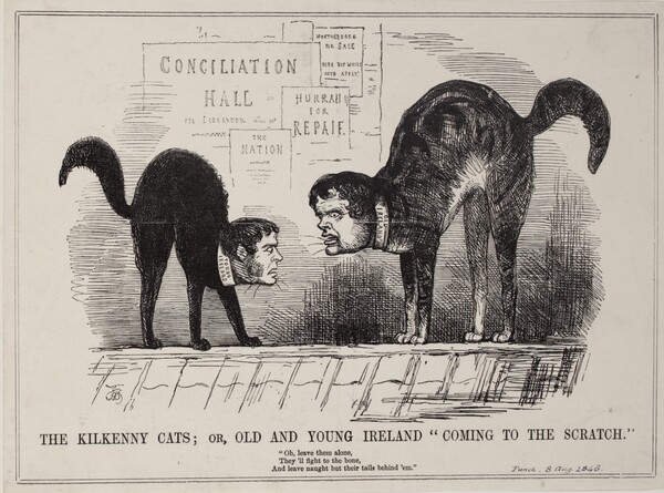 Daniel O'Connell, (1775-1847), as a cat with collar "Old Ireland", hissing at another cat with collar "Young Ireland".