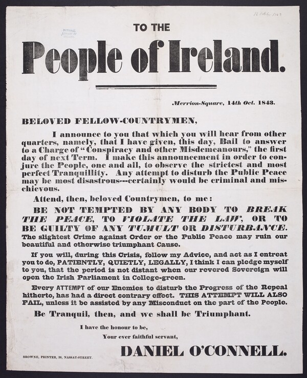 Broadside poster, black font on buff paper with the date of '14 October 1843' written [top right] in black ink in Thomas Mathew Ray's handwriting. 