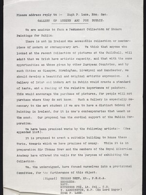 Circular letter calling for a permanent collection of modern paintings for Dublin