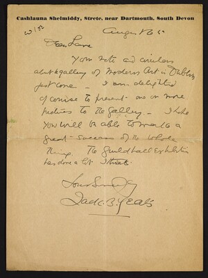 Letter from Jack Butler Yeats to Hugh Lane agreeing to donate pictures to the modern art gallery in Dublin