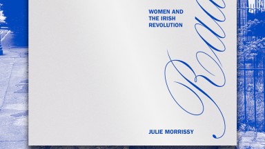 The cover of Julie Morrissy's Radical! pamphet overlayed over a blue and white photograph