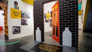 Interior photograph of RTÉ exhibition: Ireland on the Box featuring the magic door