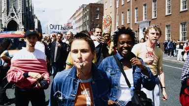 Photograph of people walking as part of the Pride March 2001 on Parnell Stret