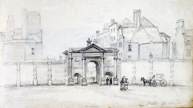 A sketch of the main entrance to Dublin Society House (later the Royal Dublin Society) at Leinster House 