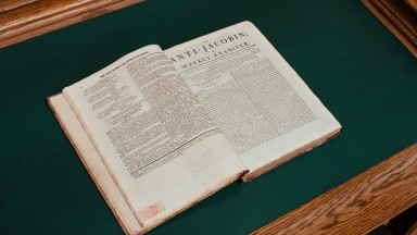 An open page showing Anti-Jacobin newspaper from 1797 bound in a volume  