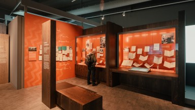 Section in 'Seamus Heaney: Listen Now Again' exhibition. A visitor is looking at a case with many documents on display. The walls and interiors of the cases are a vibrant orange colour.