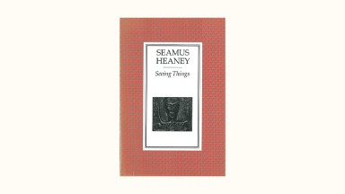 Book Cover for Seamus Heaney's 'Seeing Things'. It has a wide red border and a central panel of white with the poet's name and the book title. Beneath the name and title there is a black and white image of a  face taken from the Gundestrup cauldron.