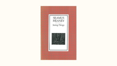 Book Cover for Seamus Heaney's 'Seeing Things'. It has a wide red border and a central panel of white with the poet's name and the book title. Beneath the name and title there is a black and white image of a face taken from the Gundestrup cauldron.