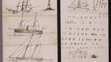 A hand-drawn illustration of three different types of ships next to a coded letter written in pencil  