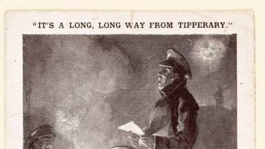 A historic postcard features an illustration of a man in uniform reading from a document to a group of seated men gathered around around a fire. The poem 'It's a Long Long Way from Tipperary' is also included.