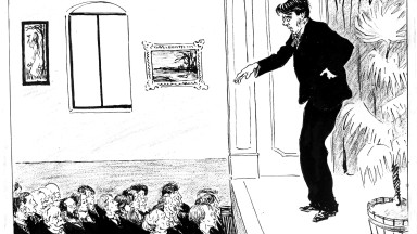 A cartoon showing WB Yeats giving a lecture on stage to a large audience 