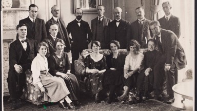 A black and white photograph of the members of the Irish Republican Delegation posing together as a group 