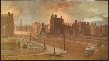 Léaráid ealaíontóra ar Chathair Bhaile Átha Cliath tar éis bombardú na Cásca 1916