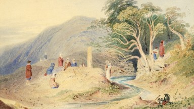 Pictiúr de ‘Oilithrigh ag Tobar Bhríde, Lios Ceannúir, Co. an Chláir’, thart ar 1829-1830