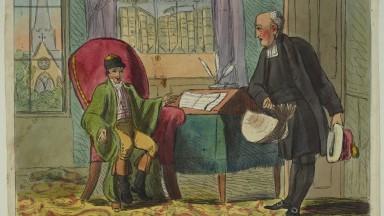 Jonathan Swift, (1667-1745), satirist and Dean of St. Patrick's Cathedral, Dublin, stands, delivering a turbot to a post boy who is seated in his chair - on the writing desk in front of the post boy is a piece of paper bearing the title "Gulliver's Travels". Outside the window, one can see St. Patrick's Cathedral. 