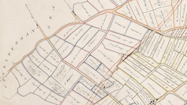 Leathanach oscailte súmáilte isteach ar léarscáil líne a thaispeáint de Chluain Mhór ó Léarscáileanna Eastát i gContae Chill Chainnigh, 1847 Cluain Mhór/ Fiodh Dúin (MS L 476)