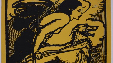 Irish National Theatre Society Logo, designed by Elinor Monsell, depicting woman with a greyhound. 	Irish National Theatre Society logo, designed by Elinor Monsell (d. 1954) was originally produced from a pear woodcut. Image is in black ink on a yellow background.