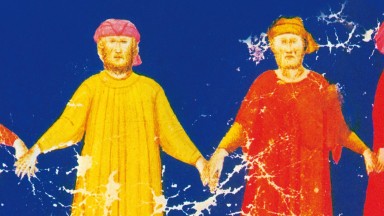 Cover of Seamus Heaney's book 'Human Chain'. Blue background with two men wearing red and yellow to the front. 