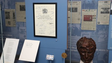 Good Friday Agreement copy on wall inside Seamus Heaney: Listen Now Again exhibition