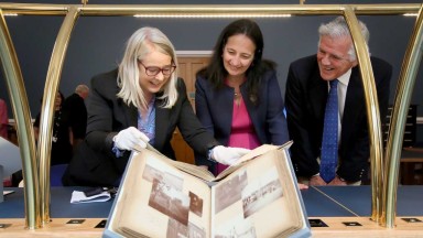 Dr Audrey Whitty, Minister Catherine Martin and Eoin McVey in the NLI's Manuscripts Room