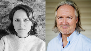 Photograph of woman on the left. Photograph of a man on the right.