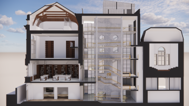 NLI Cross Section through West Wing, New Circulation Core & Existing Central Stairs © FKP Architects