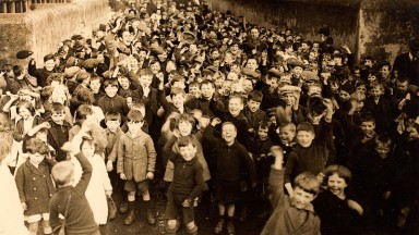 Group of children having a party, Dublin, 1920s at Rutland Street National School.