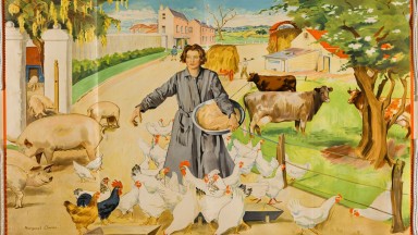 Lithograph on paper sheet depicts a young woman on a farm surrounded by hens, pigs and other farm animals.