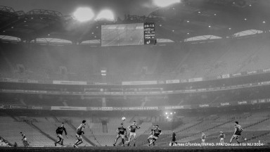 Black and white photo of a GAA match