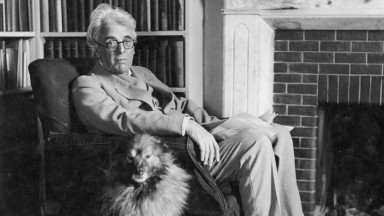 Yeats sitting in armchair with his dog