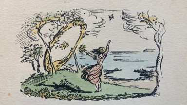 Card designed by Jack Butler Yeats for the Cuala Press, illustration of young girl